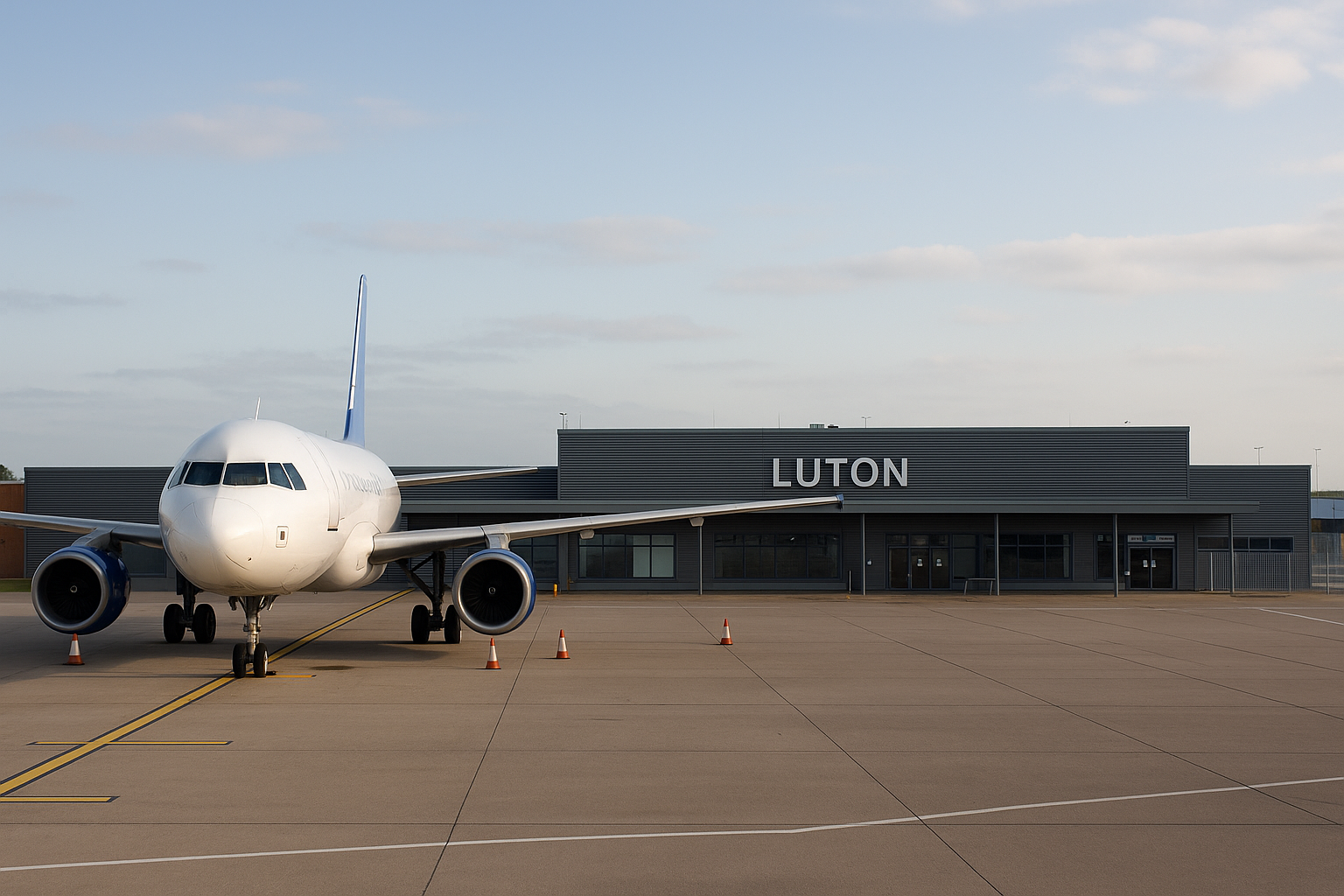 Small regional airport with an aircraft on the tarmac and a low‑rise terminal building, representing Luton