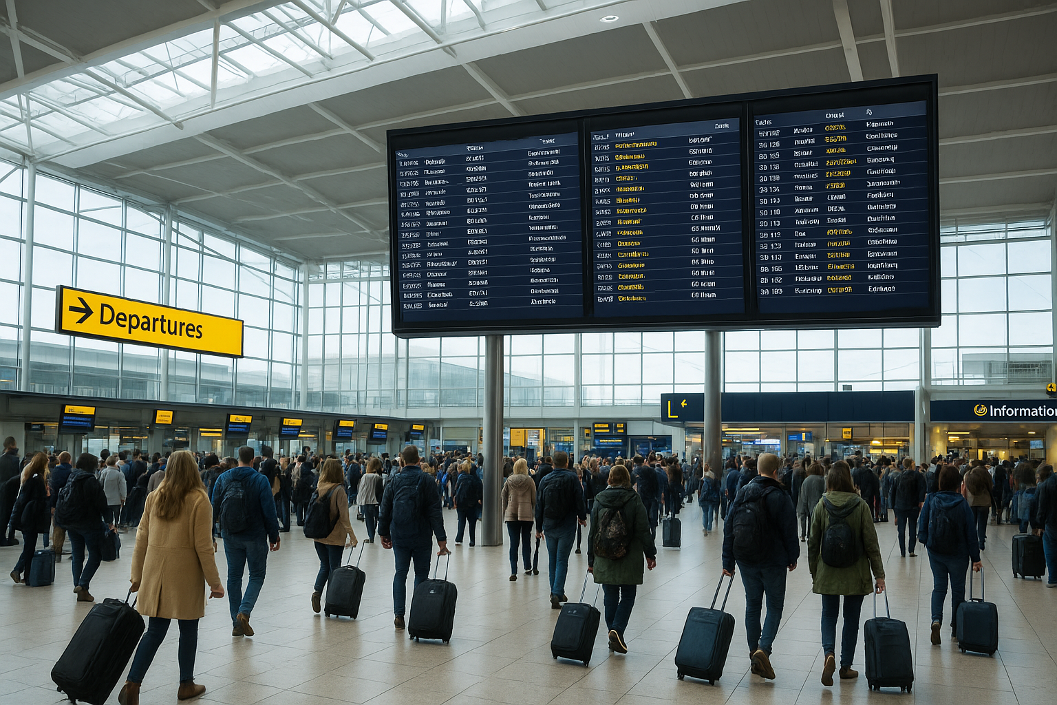 Busy airport departure hall with travellers and digital information screens, representing Gatwick